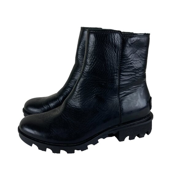 Sorel Womens Sz 6 Black Oiled Leather Lug Sole Ankle Boots Side Zip Block Heel - Picture 1 of 9